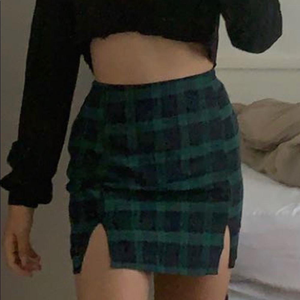 Slit Green Plaid Mini Skirt